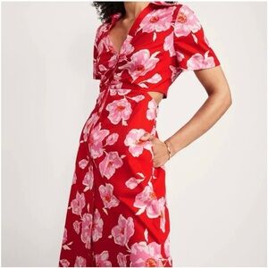 Old Navy Red and Pink Floral Midi Dress 100% Cotton Sides Cut Out Size XXL